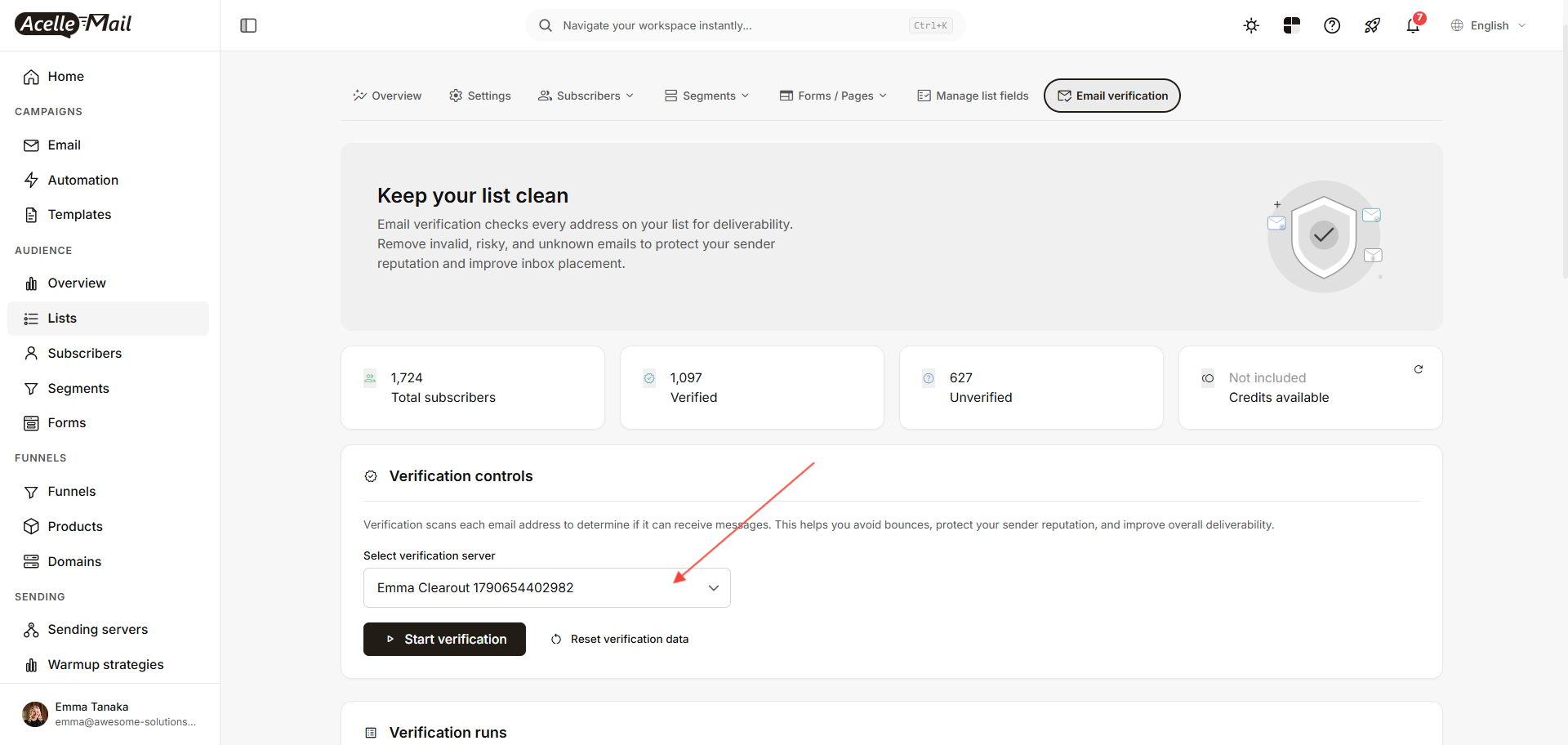 Verification controls with the Clearout server selected and Start verification ready