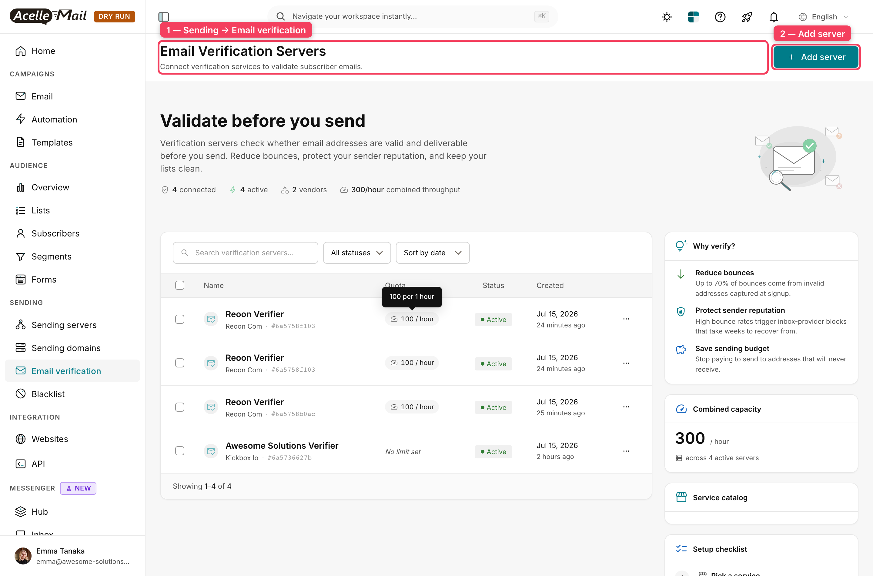 The Email verification screen under Sending, listing your connected verification services