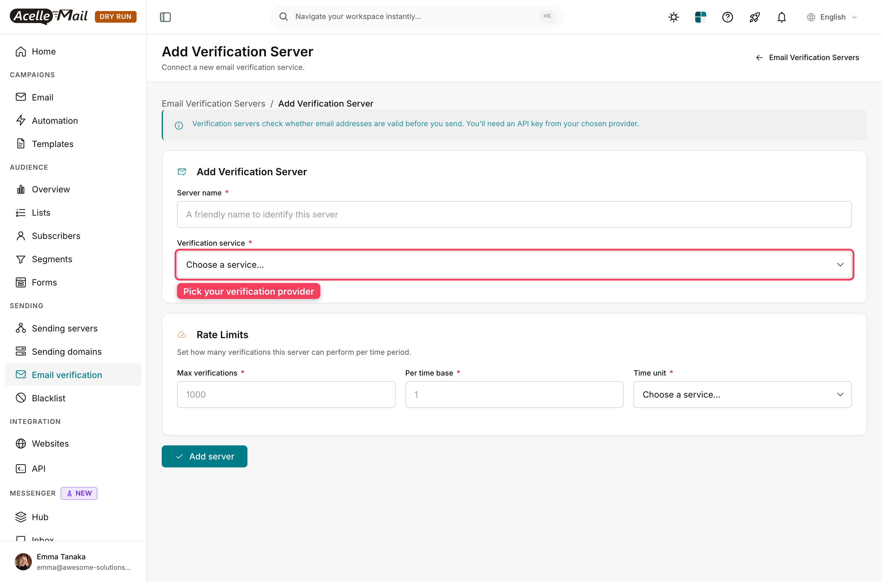 The Add Verification Server form with the Verification service dropdown open