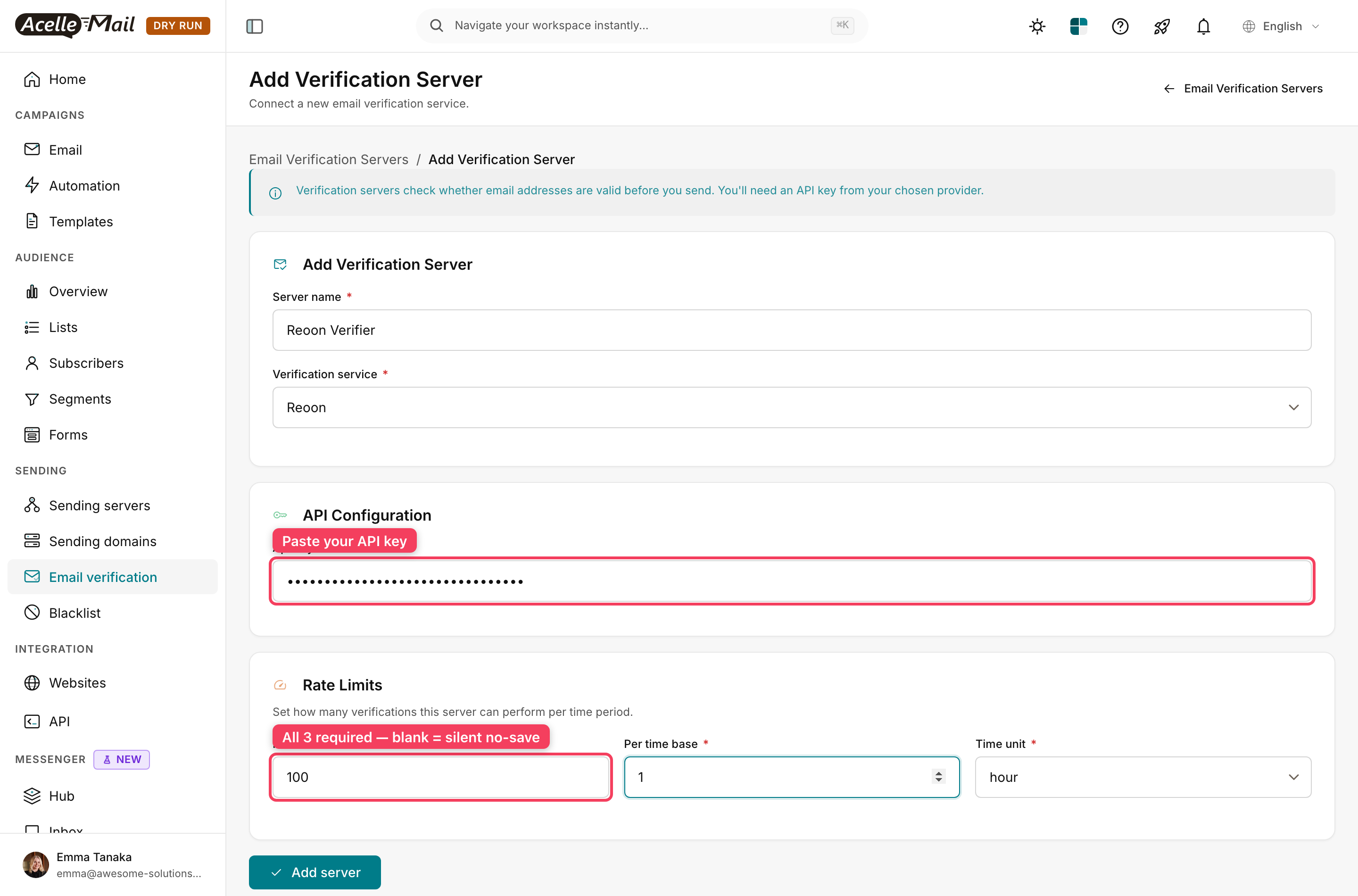 The completed form: server name, API key, and rate limits of 100 verifications per 1 hour