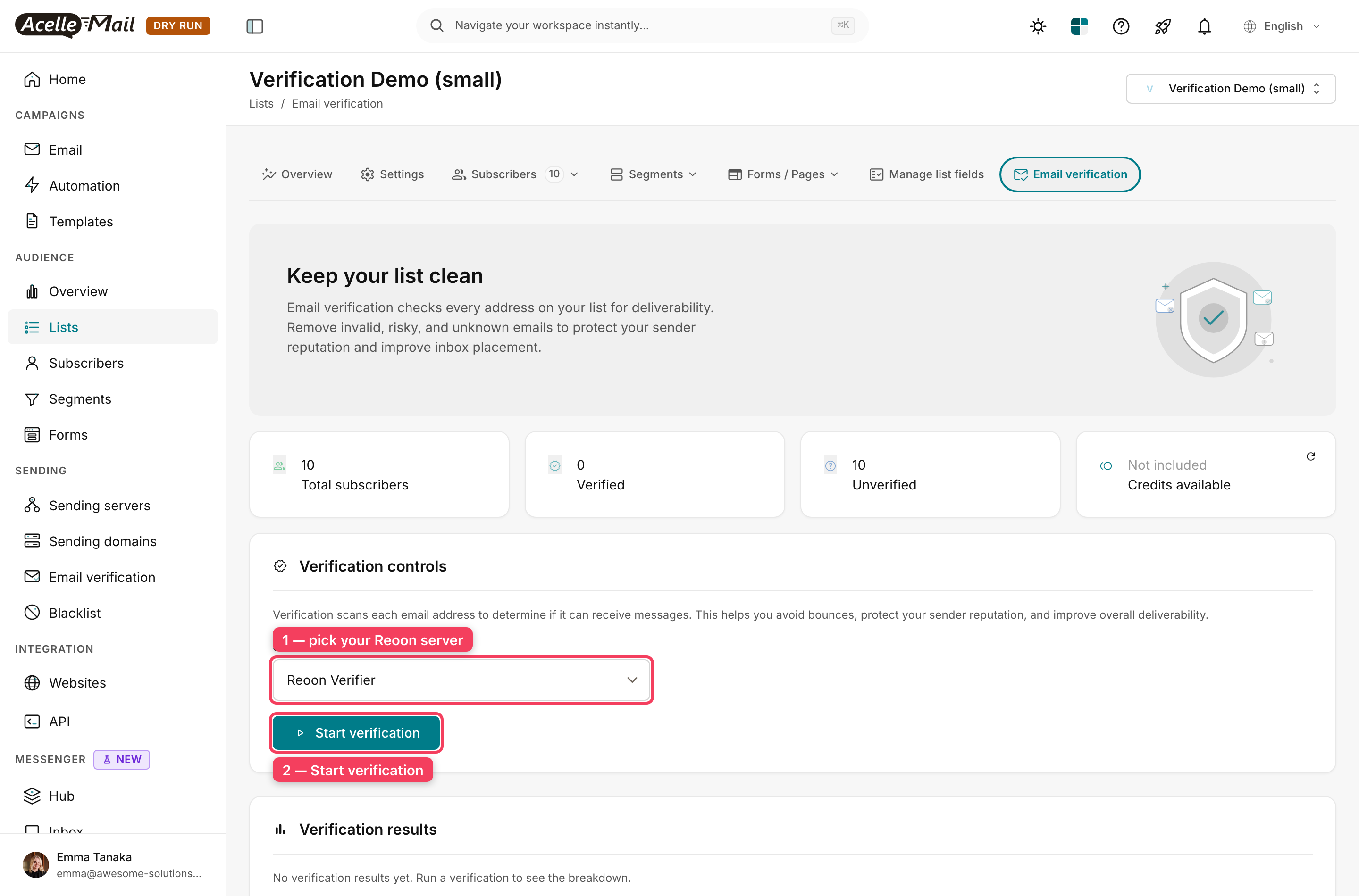 A list's Email verification tab before a run: 10 total, 0 verified, 10 unverified, with the server selected and Start verification ready