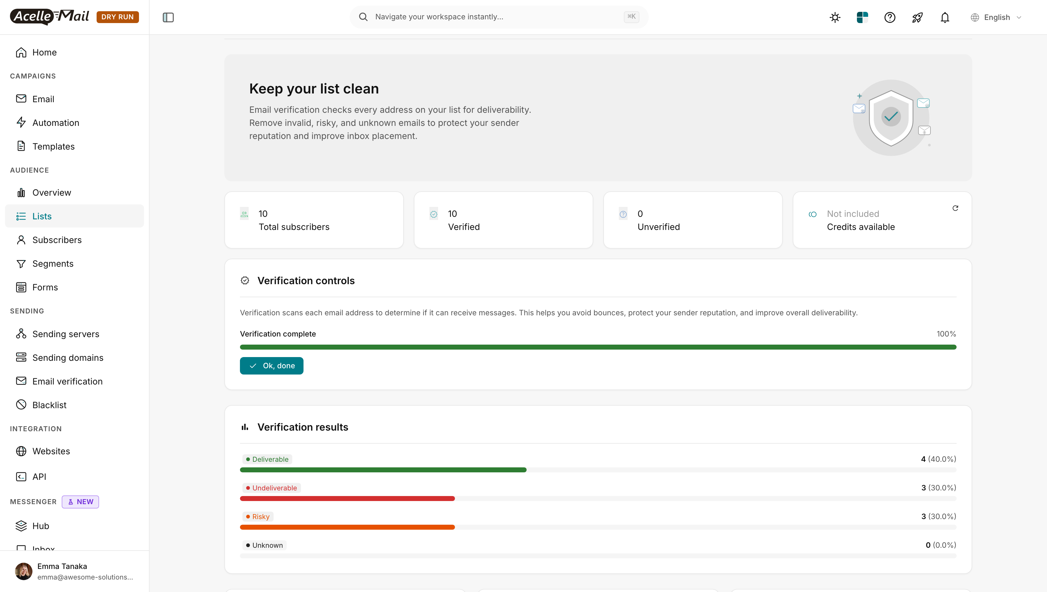 Verification results: 4 deliverable, 3 undeliverable, 3 risky, 0 unknown