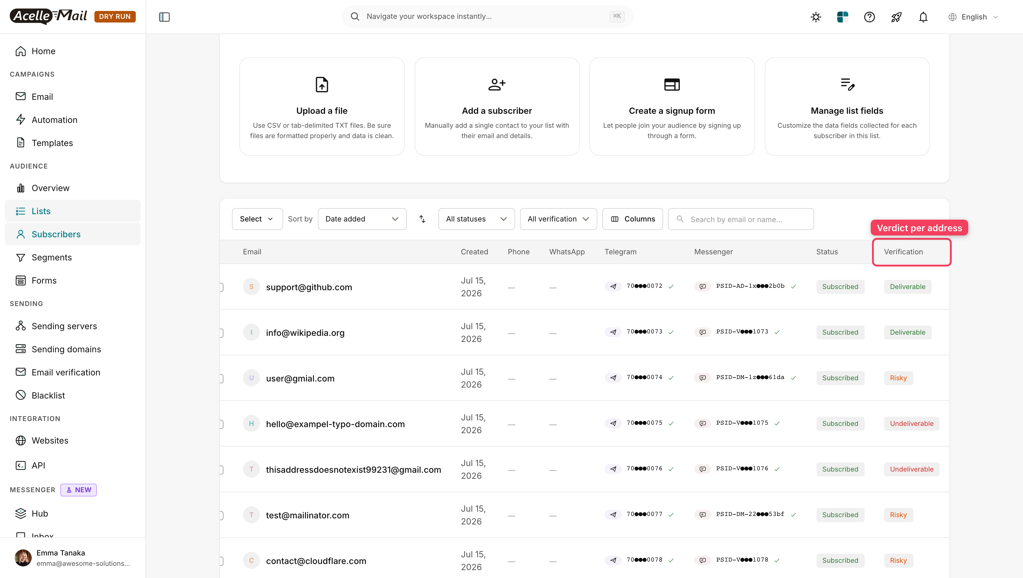The subscribers list showing a verification verdict against each address